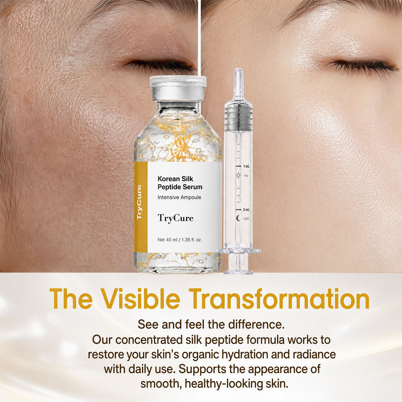 Trycure Korean Silk Peptide Ampoule, Korean Skincare Ampoule with Silk Peptide, EGF, 24K Gold & GHK-Cu, Improves Look of Elasticity & Radiance, Fast-Absorbing