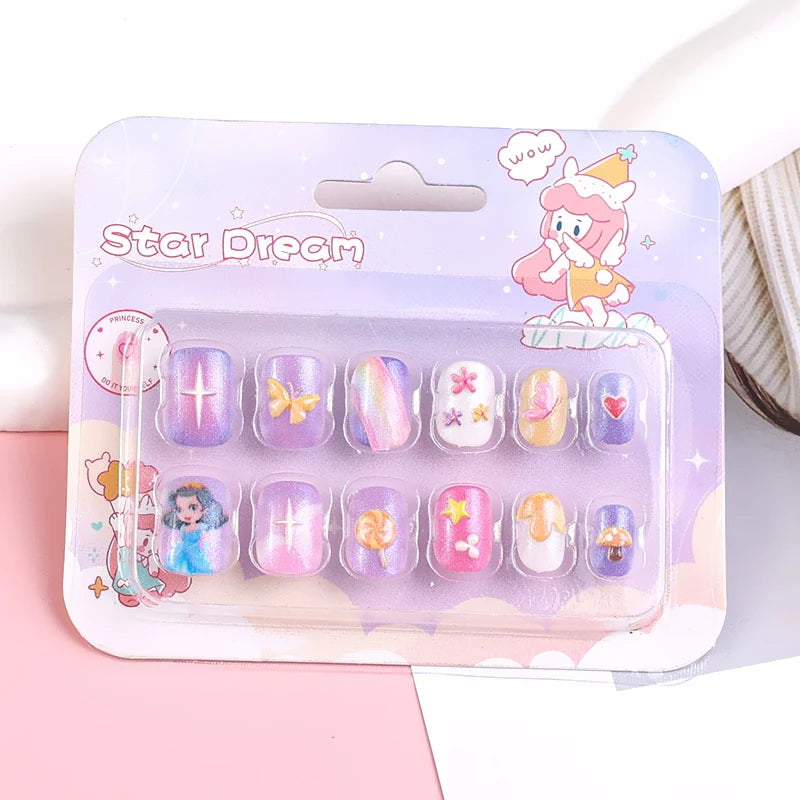 12pcs/Box Children Acrylic Fake Nails Safe Non-Toxic Adhesive Fake Nail DIY Artificial Fingernails for Girls Children's Day Gift