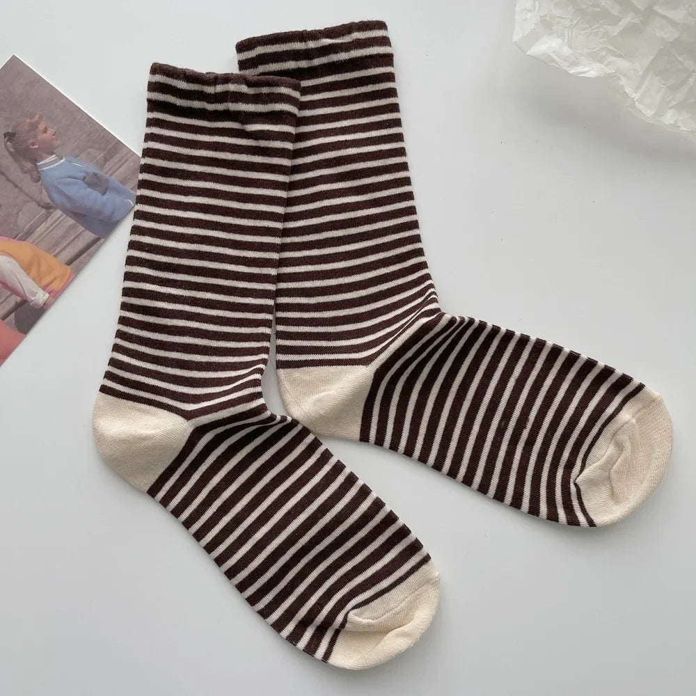 Retro Striped Socks Children's Women Medium Tube Socks Spring and Autumn Cotton Stockings Korean Stockings Japanese Socken