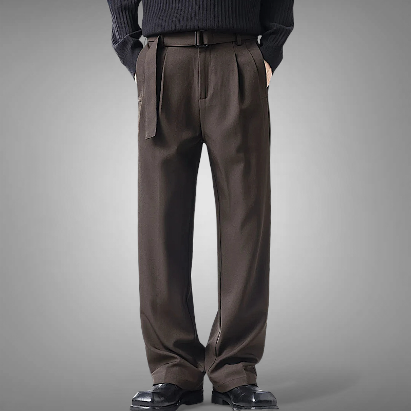 Pleated straight leg trousers with self belt