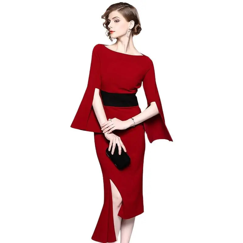 New irregular waist-tightening dresses red medium-length dress for solid slash neck flare sleevebanquet in 2023