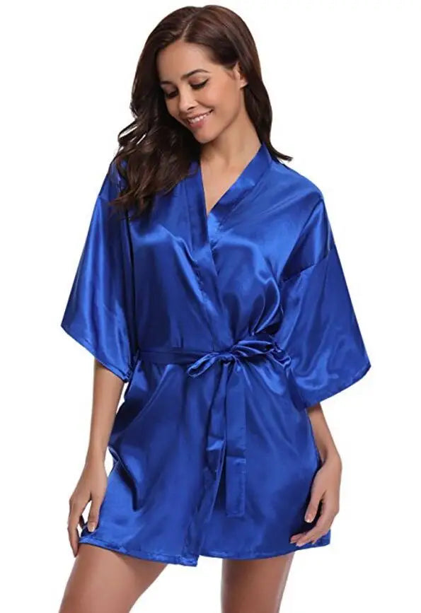 New Silk Kimono Robe Bathrobe Women Silk Bridesmaid Robes Sexy Navy Blue Robes Satin Robe Ladies Dressing Gowns