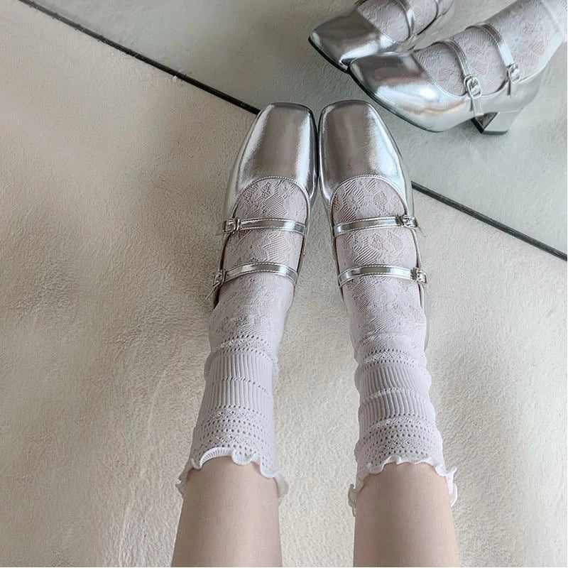 Summer Thin Socks Women Hollow Lace Solid Color Middle Tube Casual Socks for Women Breathable Black White Sock