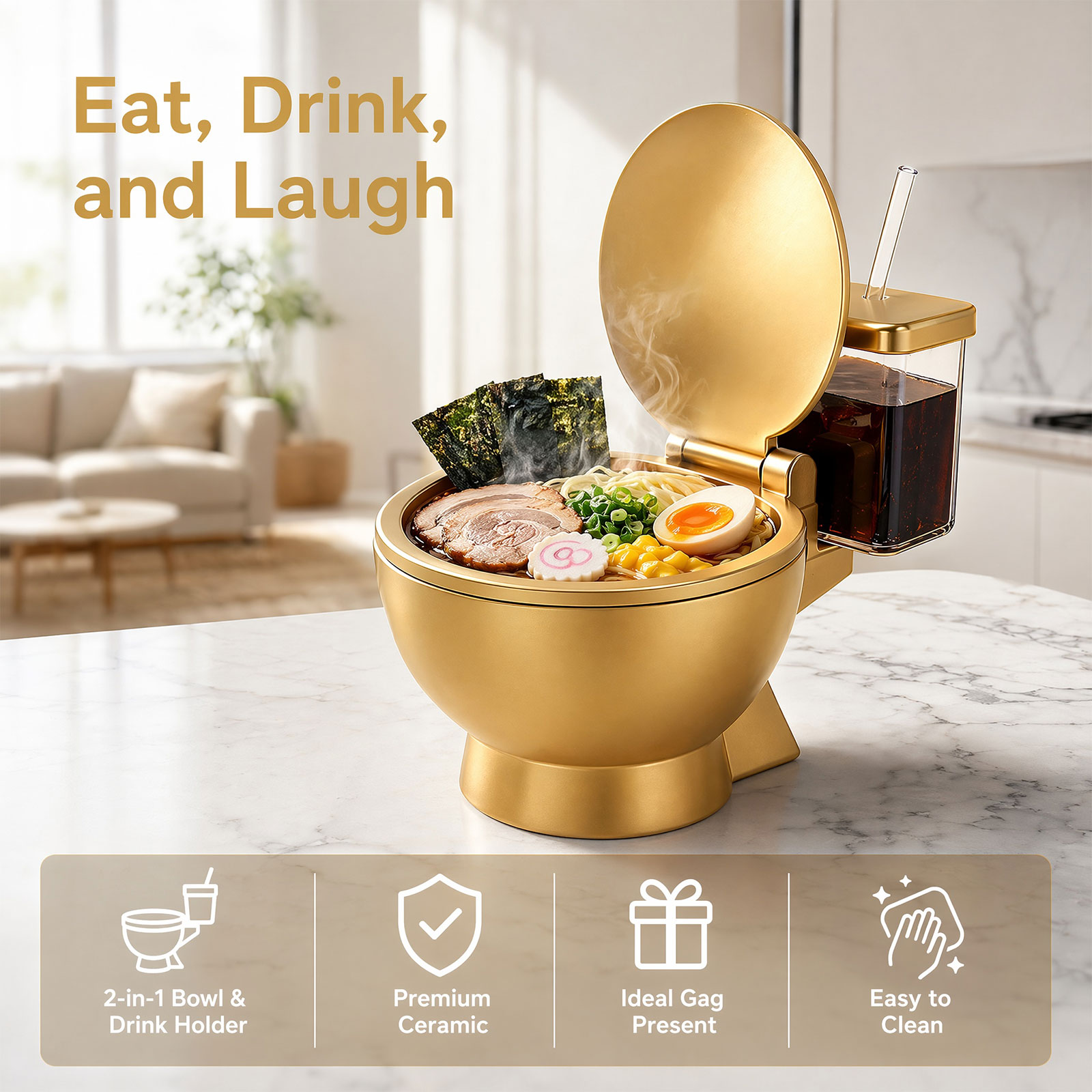 Toilet Ramen Bowl And Drink, 2026 New Funny Toilet Shaped Ramen Bowl and Drink Cup Combo, Large Golden Toilet Soup Bowl for Instant Noodles, Hilarious Snack and Drink Cup Set