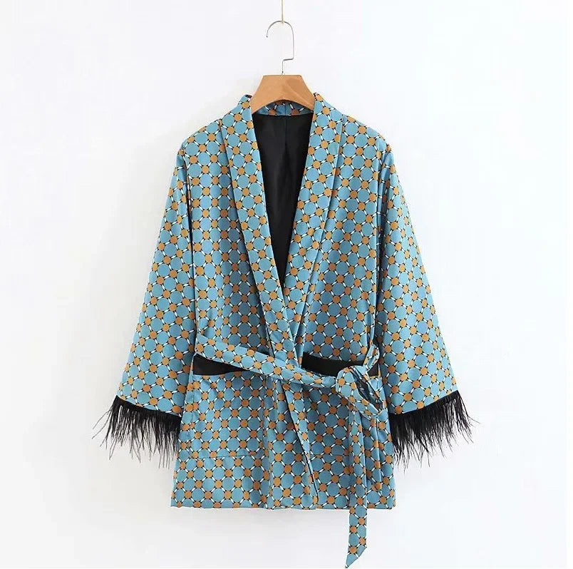 Women's Suits Spring LOOSE Blue Printed Kimono Jacket with Feather Sleeves Wide Leg Pants Two-piece Viintage Clothing Suits