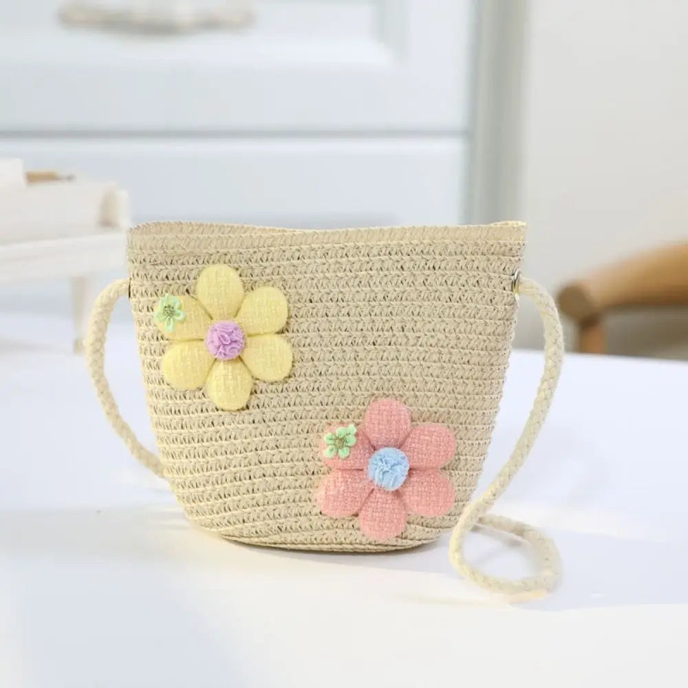 Girl Zipper Flower Straw Bag Cute Photo Props Handmade Woven Kid Messenger Bags Storage Basket Coin Purse Crossbody Handbag