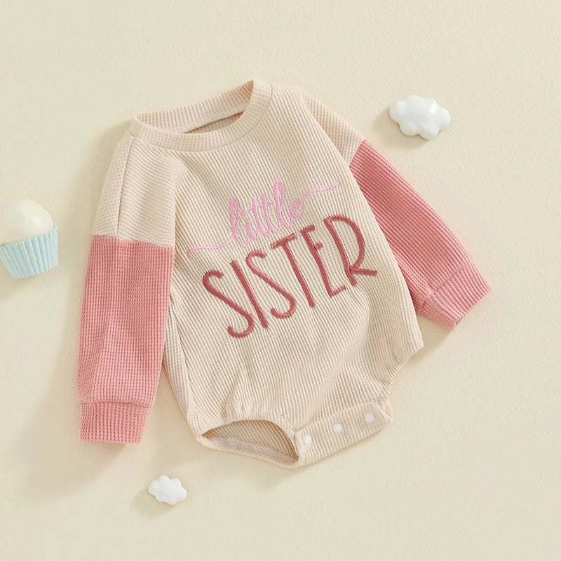 FOCUSNORM 0-18M Lovely Baby Boys Girls Romper Letter Print Color Patchwork Long Sleeve Round Neck Waffler Jumpsuit