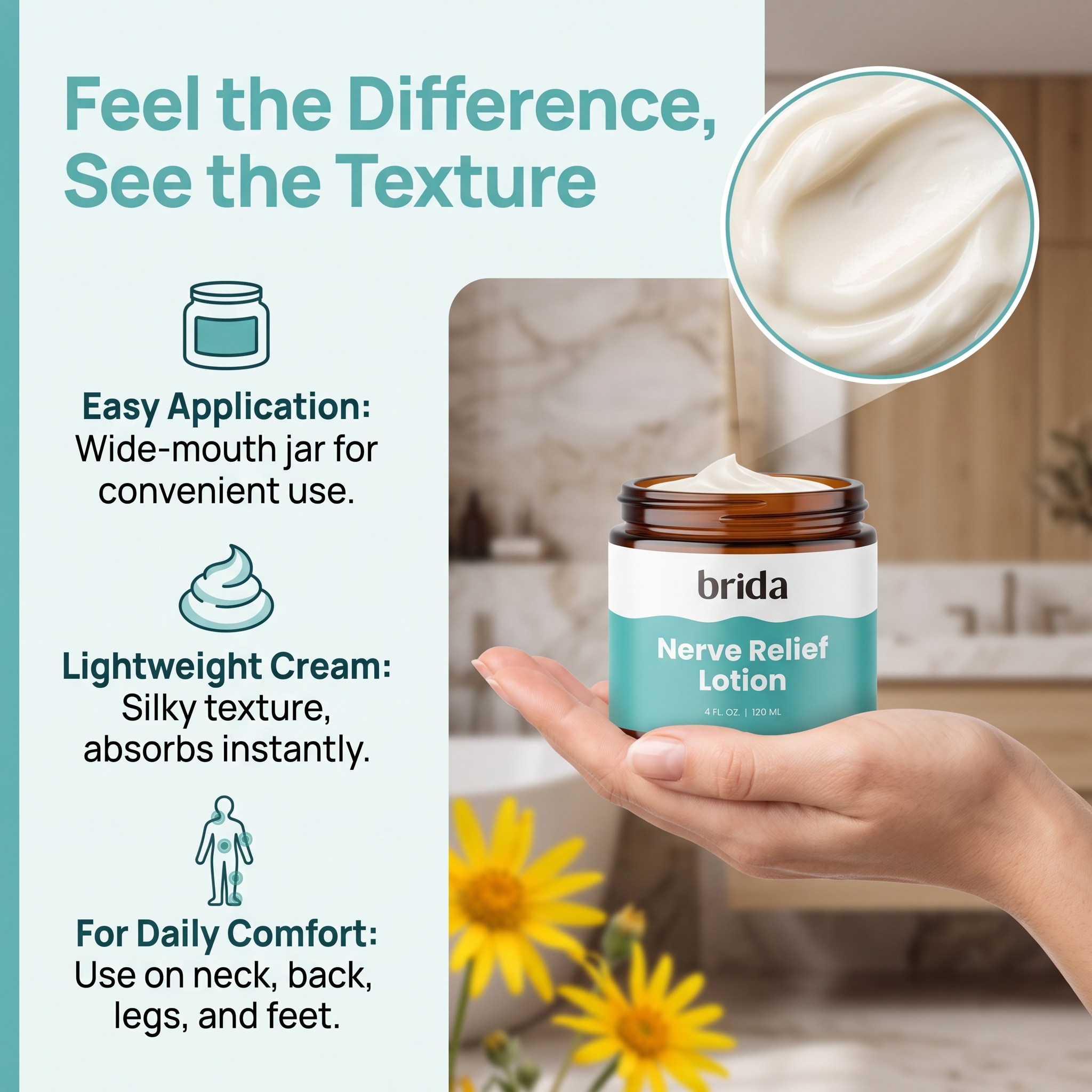 Brida Nerve Relief Lotion, Professional Magnesium Cream 120ml, Brida Neuropathy Cream, with Arnica Montana, Magnesium, Natural Plant Ingredients, for All Skin Types