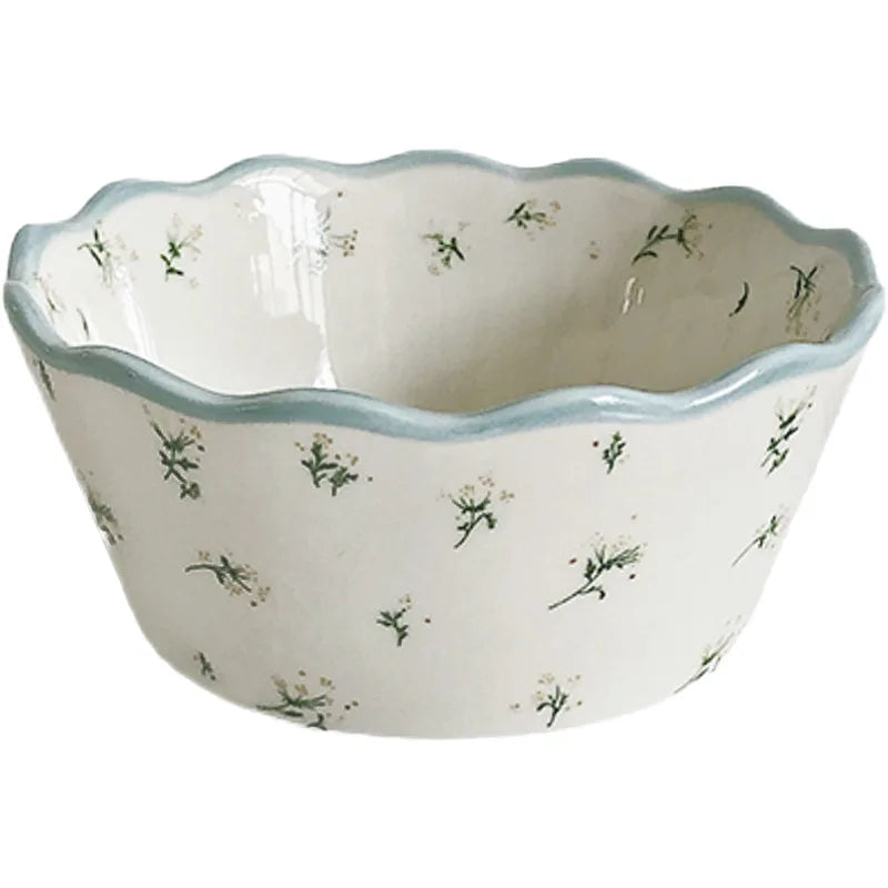 Fresh Pastoral Small Broken Flower Ceramic Bowl Ins Vintage Lace Salad Fruit Thickened Lovely Soup Rice Bowl Complimentary Spoon