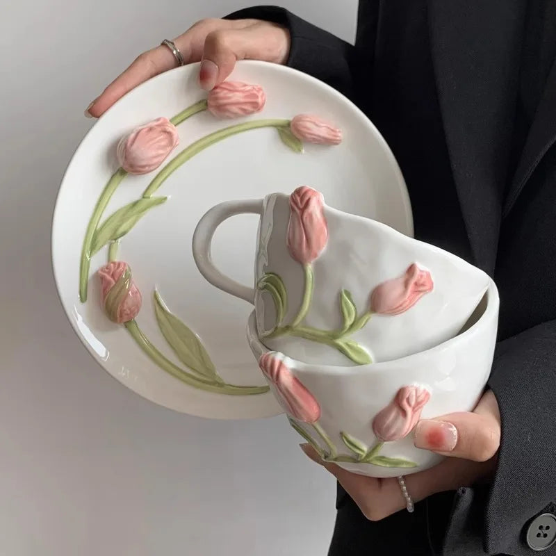 European Relief Ceramic Tulip Cup Afternoon Tea Dessert Pastry Tea Cup Painted Flowers Coffee Mug Couple's Water Cup Café Teapot