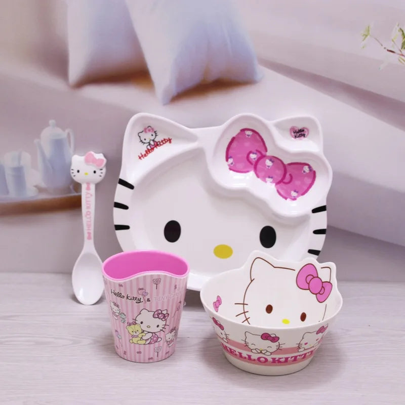 Sanrio Kawaii Hello Kitty Cat Face Plate Child Cutlery Set Bowl Chopsticks Spoon Fall Resistance Have A Meal 2-14 Years Old Cute