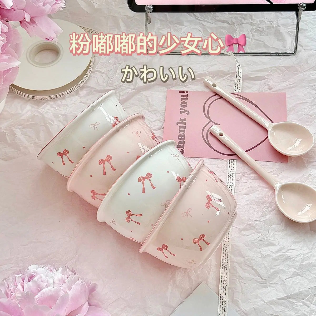 Aesthetic Bow Design Ceramic Tableware Set - Ruffled Edge Bowls & Plates with Underglaze Color Dessert Set Cute Dinnerware