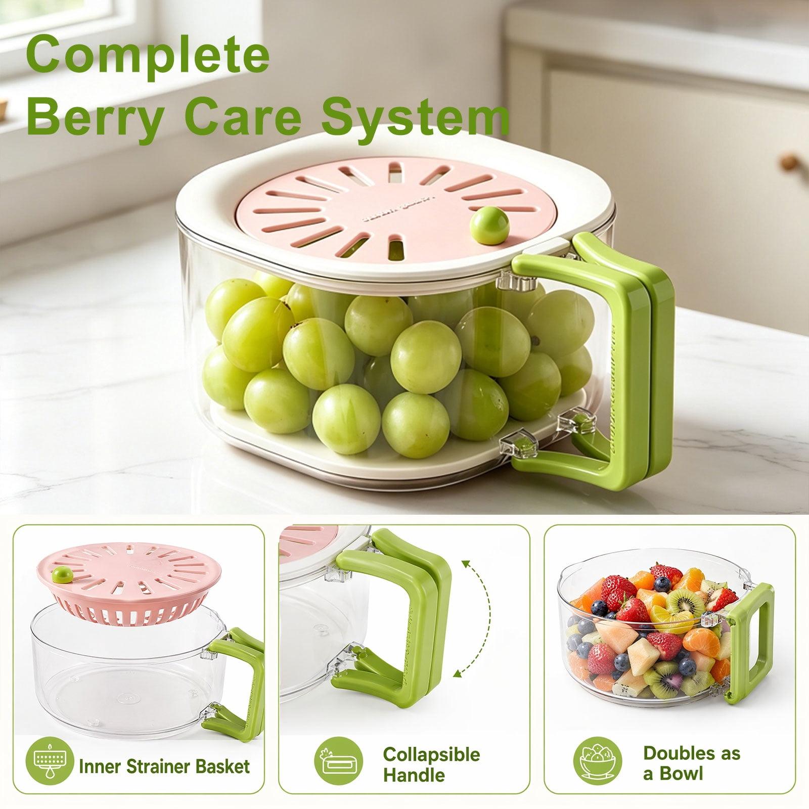 Fruit Vegetable Washing Bowl with Strainer, Multifunctional Berry Lettuce Keeper for Fridge, Portable Colander with Lid for Kitchen(Blue-Pink)