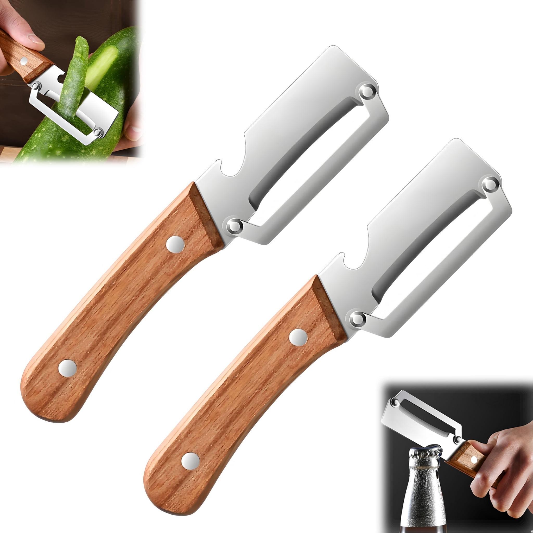 Multifunctional Vegetable Peeler, Wooden Handle Sharp Stainless Steel Blade, 2-in-1 Peeler with Bottle Opener for Potato Apple Pumpkin