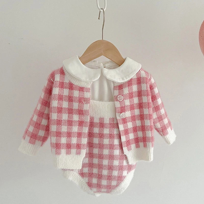 Autumn Spring Newborn Baby Girls Knitting Clothing Set Plaid Long Sleeve  Cardigan Coat+Sleeveless Rompers Children Clothes Suit
