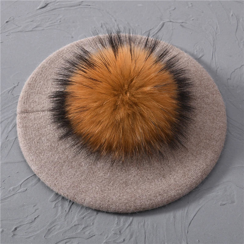 Jaxmonoy Winter Female Beret Women Hat Big Real Raccoon Fur Pompom Beret Wool Cashmere Natural Fur Ball Fashion Beret Cap Female