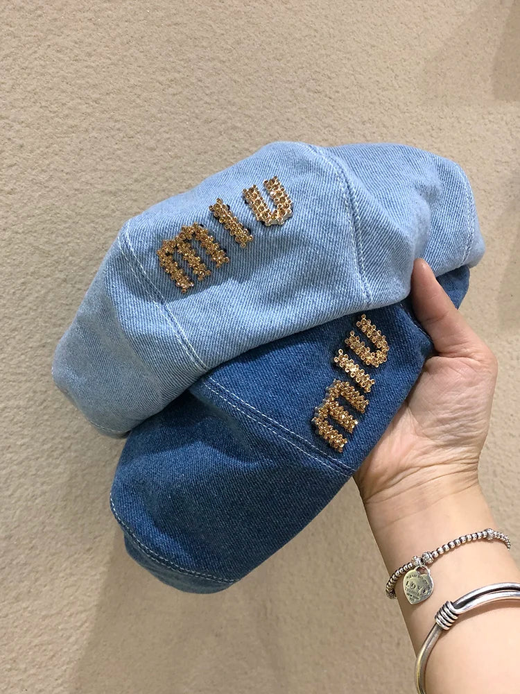 Rhinestone Letter Women Beret Hat Fashion Casual Spring Street Chapeu Feminino Denim Cotton Summer Artist Painter Cap Sun Hat