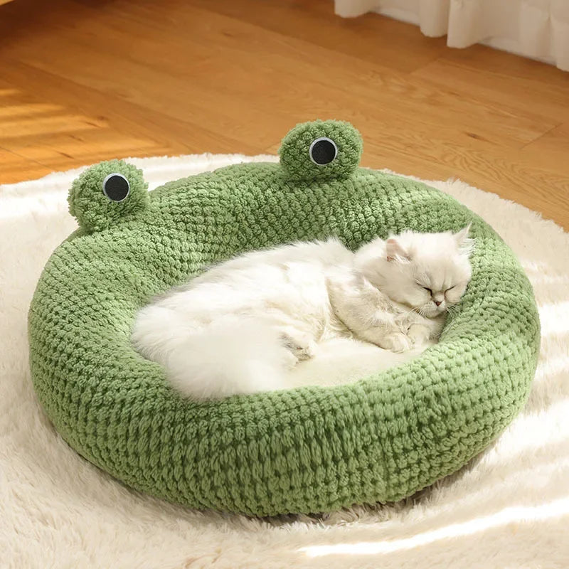 Plush Warm Green Cat Dog Beds Nesting Basket Frog Shape Cartoon Cat Kennel Beds Pet Accessories