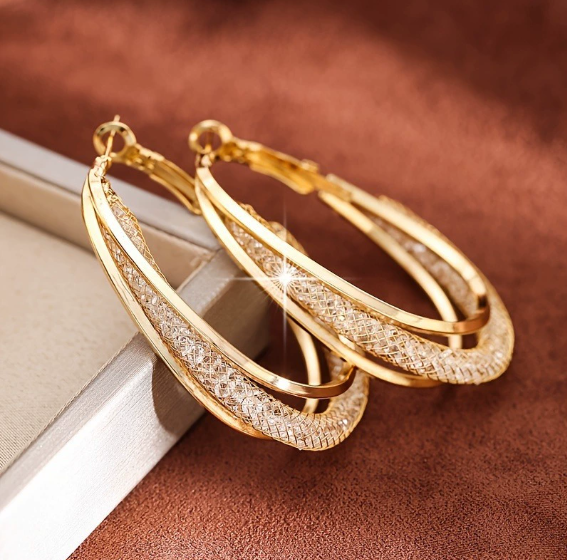 Large Oversized Hoop Earrings with Cubic Zirconia & Gold Plating
