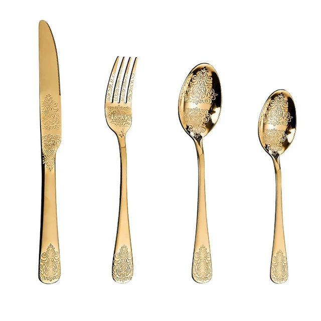 &Gold Luxury Cutlery Sets Fork Spoons Knife Silverware Kit Vintage Carved Tableware Set European Dinnerware For Home Kitchen