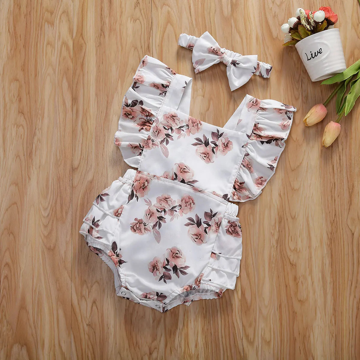 2020 Baby Summer Clothing Infant Newborn Baby Girl Floral Romper Sleeveless Ruffled Jumpsuits With Headband