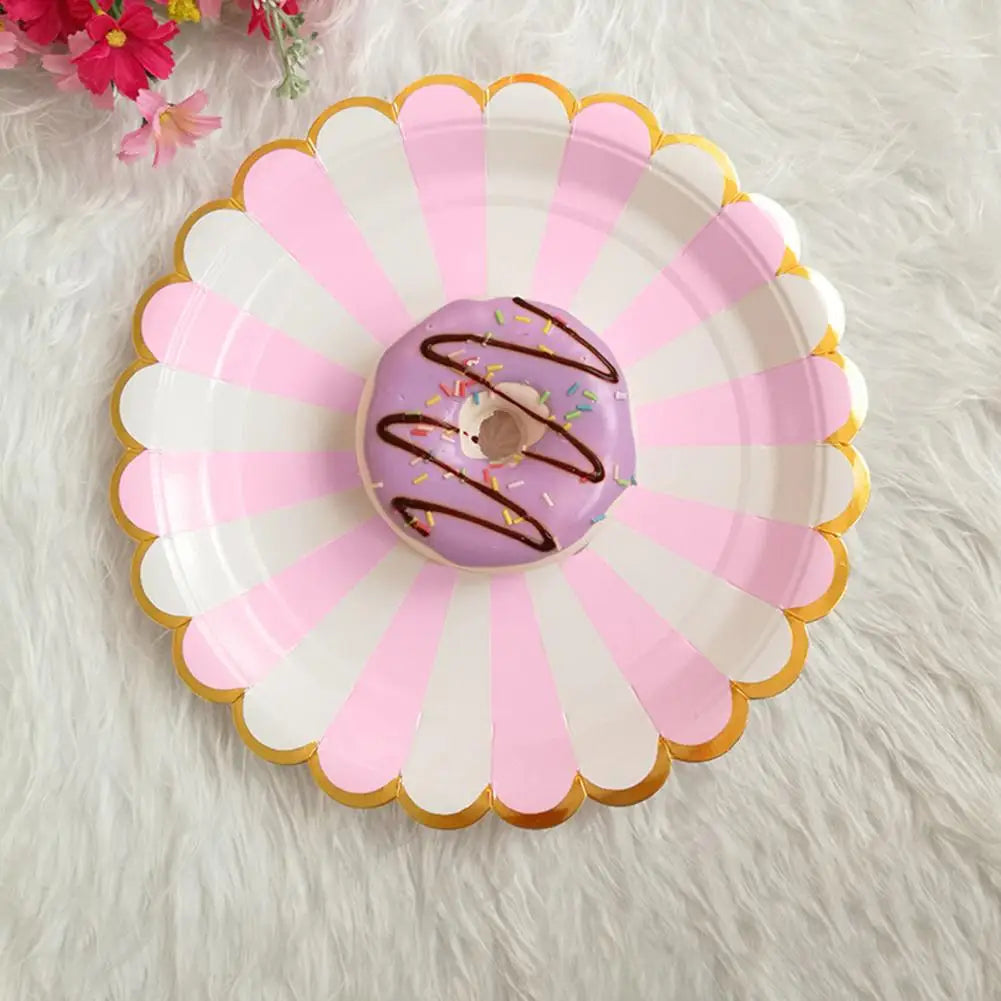 10Pcs 7/9 Inch Paper Plates Anti-skid Thick Gilding Stripe Paper Dishes Round Cake Dessert Snack Tray Favors Supplies for Party