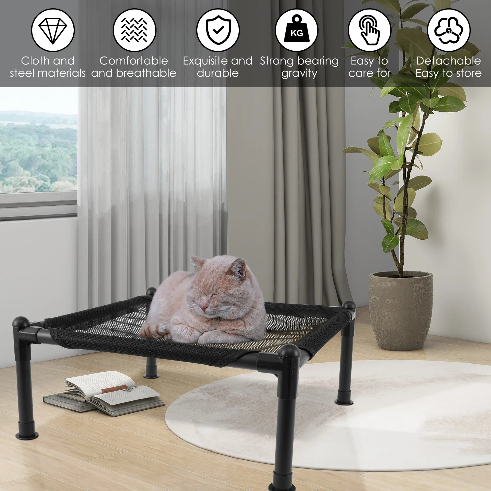 Cat Hammock Bed Adjustable Elevated Pet Wooden Chair Detachable Sisal Scratcher Height Lounge Small Dog Steel Bed