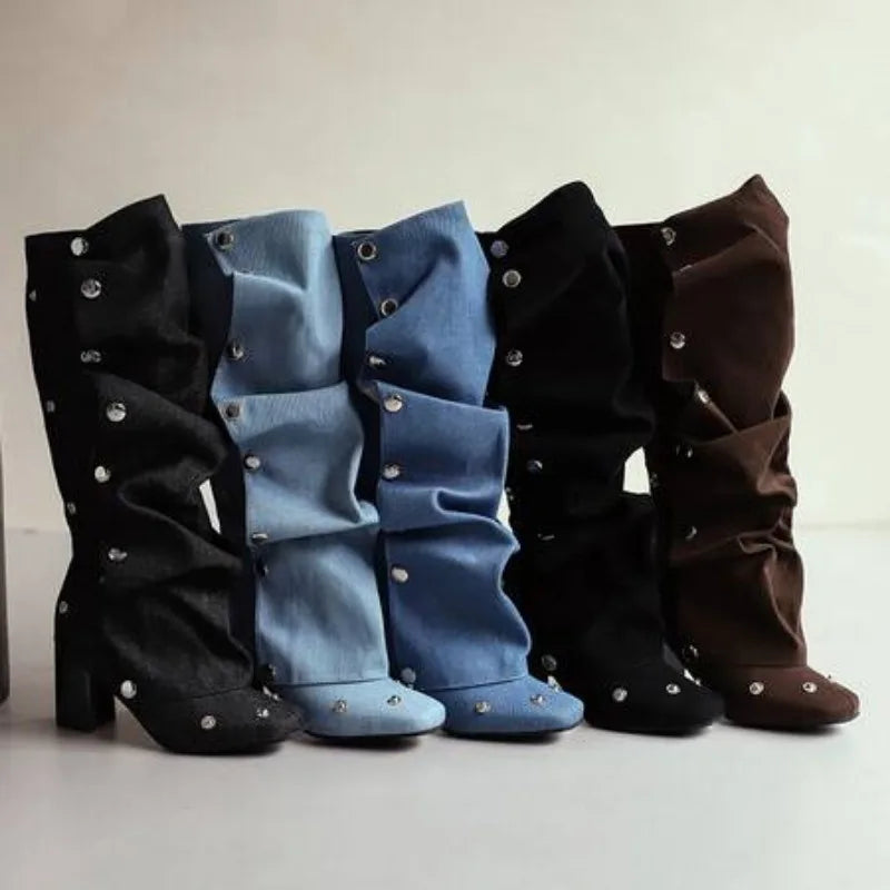 2024 Denim Square Toe Boots Detachable Rivets 7cm Thick Heel and Knee Length Boots Winter Side Zipper Brown Trendy Boots 35-45