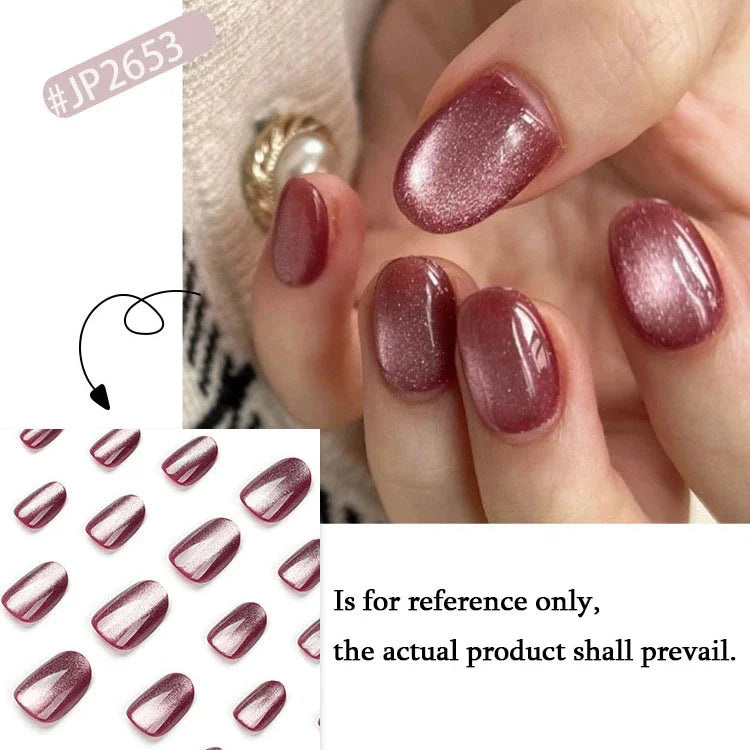 Nude Pink Glitter Cat Eye Nail Art Wearable Solid Color Fake Nails Detachable Finished False Nails Press on Nails with Glue