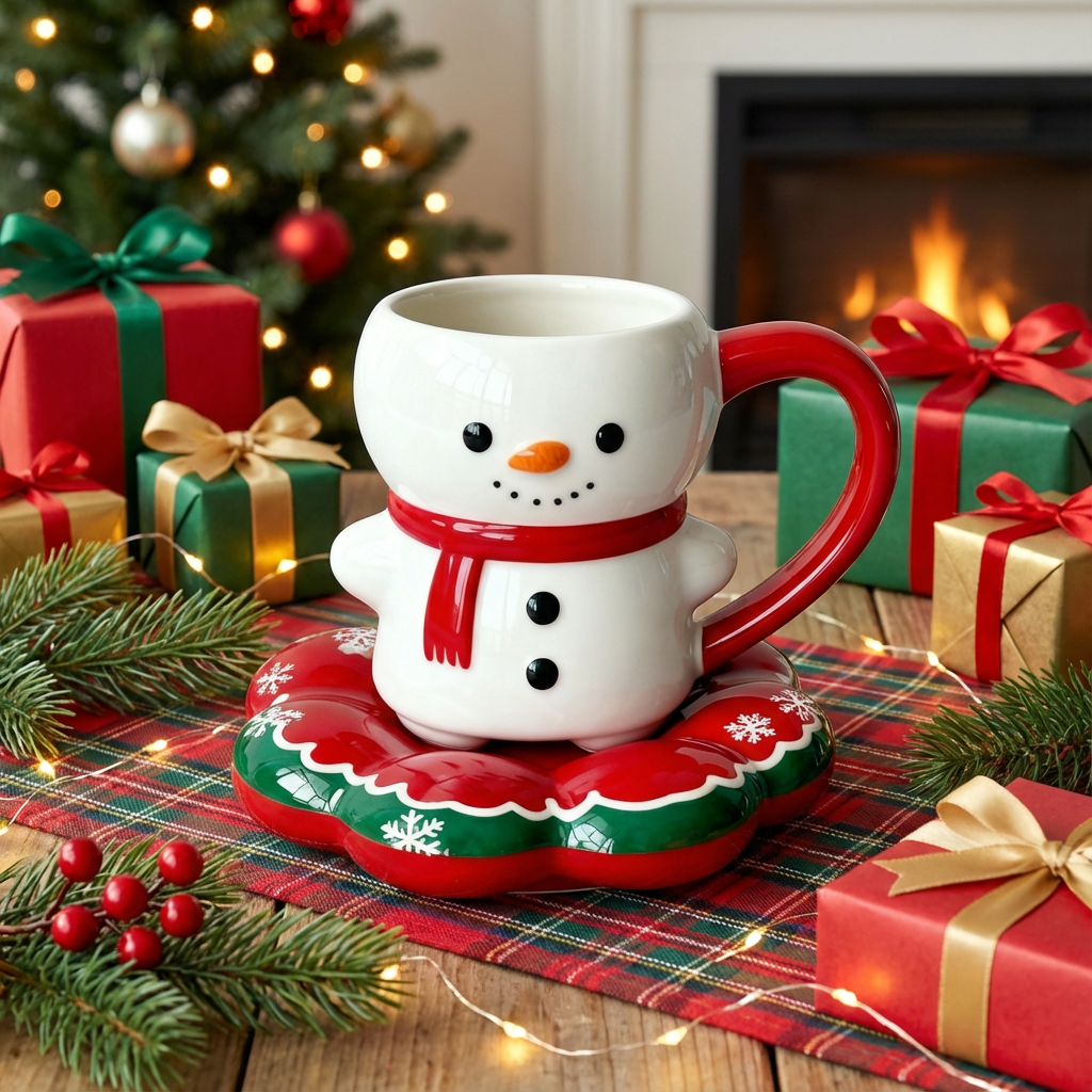 Snowman Holiday Ceramic Mug with Saucer