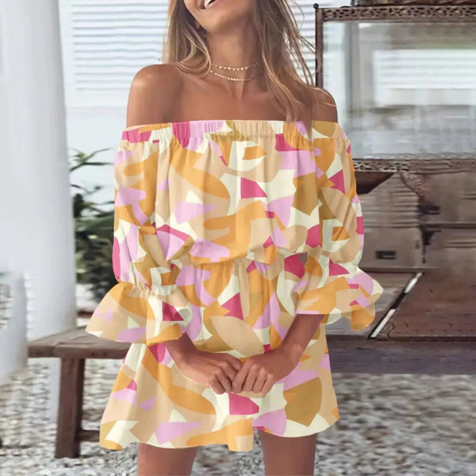 2024 Summer Dresses For Women Sexy Off Shoulder Mini Sundresses Beach Casual Loose Fit Bell Sleeve Mini Floral Dress Women's