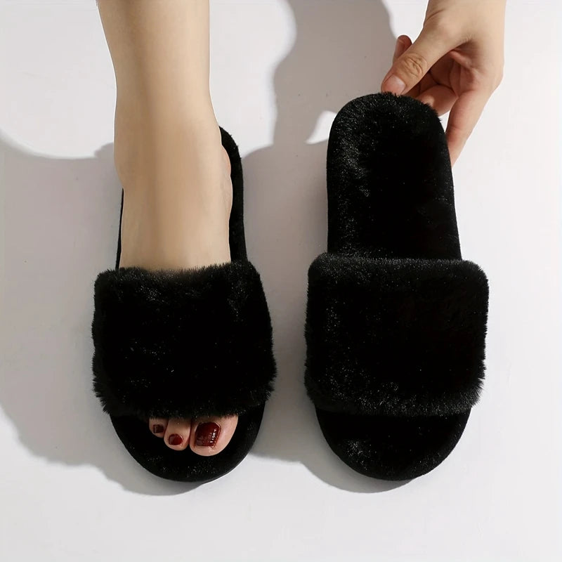 Winter Women Winter House Furry Slippers Non-Slip Casual Indoor Flats Floor Shoes Ladies Flip Flops Warm Shoes Solid Colors