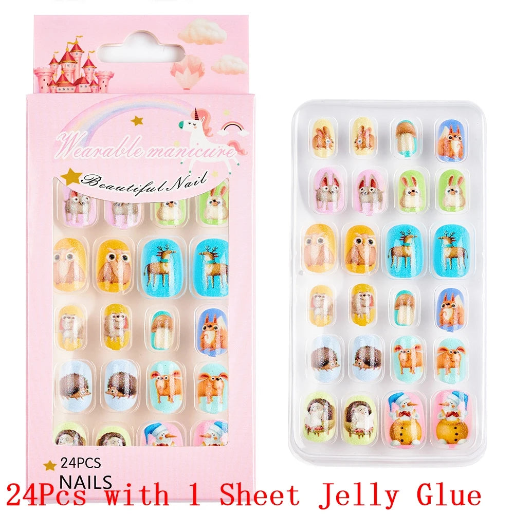 12pcs/Box Children Acrylic Fake Nails Safe Non-Toxic Adhesive Fake Nail DIY Artificial Fingernails for Girls Children's Day Gift