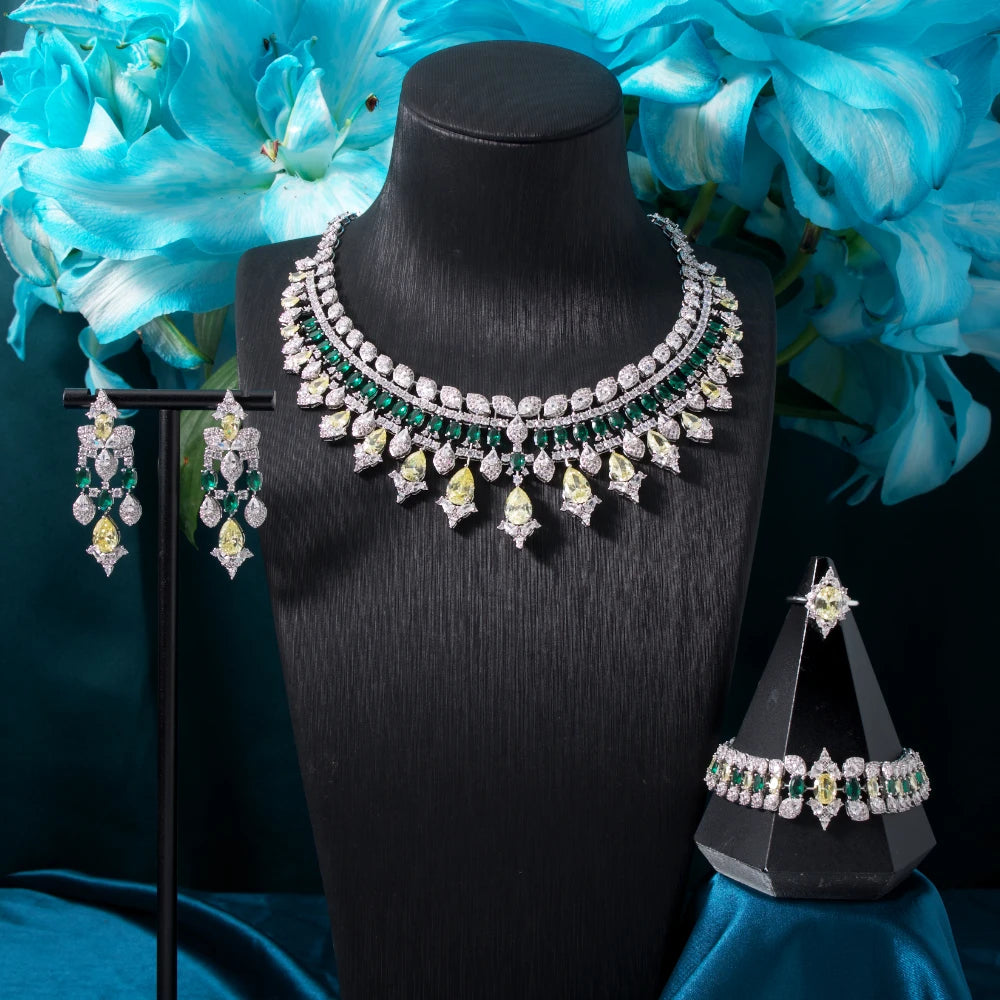 New Accessories Colorful Cubic Zircon Jewelry Sets for Women Luxury Bridal Wed Jewellery Necklace Set