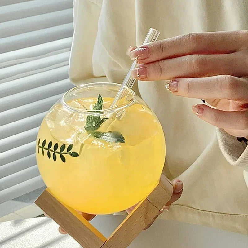 Cocktail Glass Cup with Wood Stand Creative Lunar Round Shape Drink Cup with Straw Christmas Cups Iced Coffee Cups Drinkware