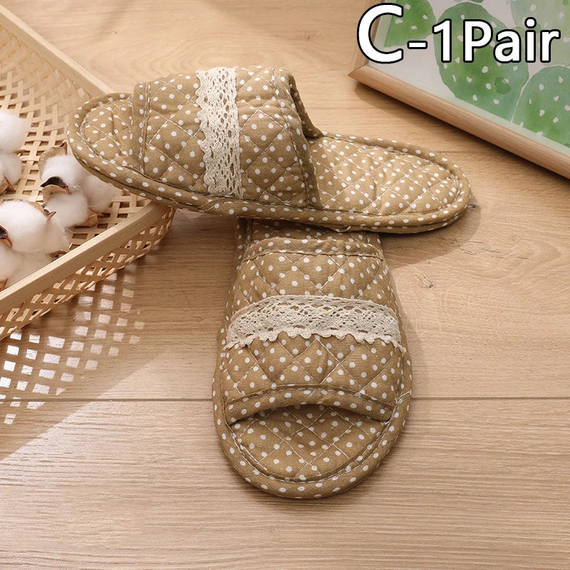 Women Indoor Cotton Slippers Japanese Floral Bedroom Carpet Slippers Soft Toe Sole Slippers Non-Slip Home Bedroom Slippers