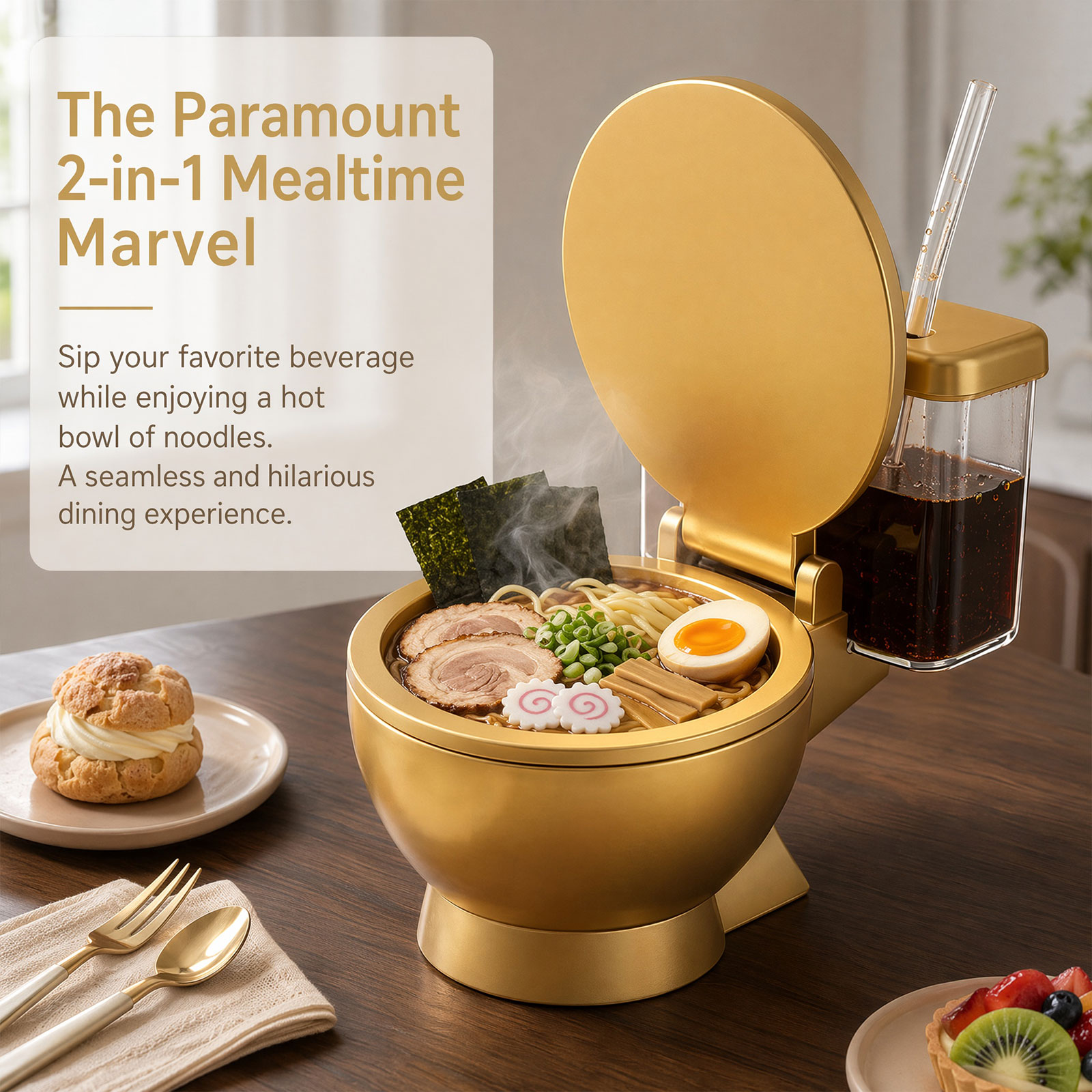 Toilet Ramen Bowl And Drink, 2026 New Funny Toilet Shaped Ramen Bowl and Drink Cup Combo, Large Golden Toilet Soup Bowl for Instant Noodles, Hilarious Snack and Drink Cup Set