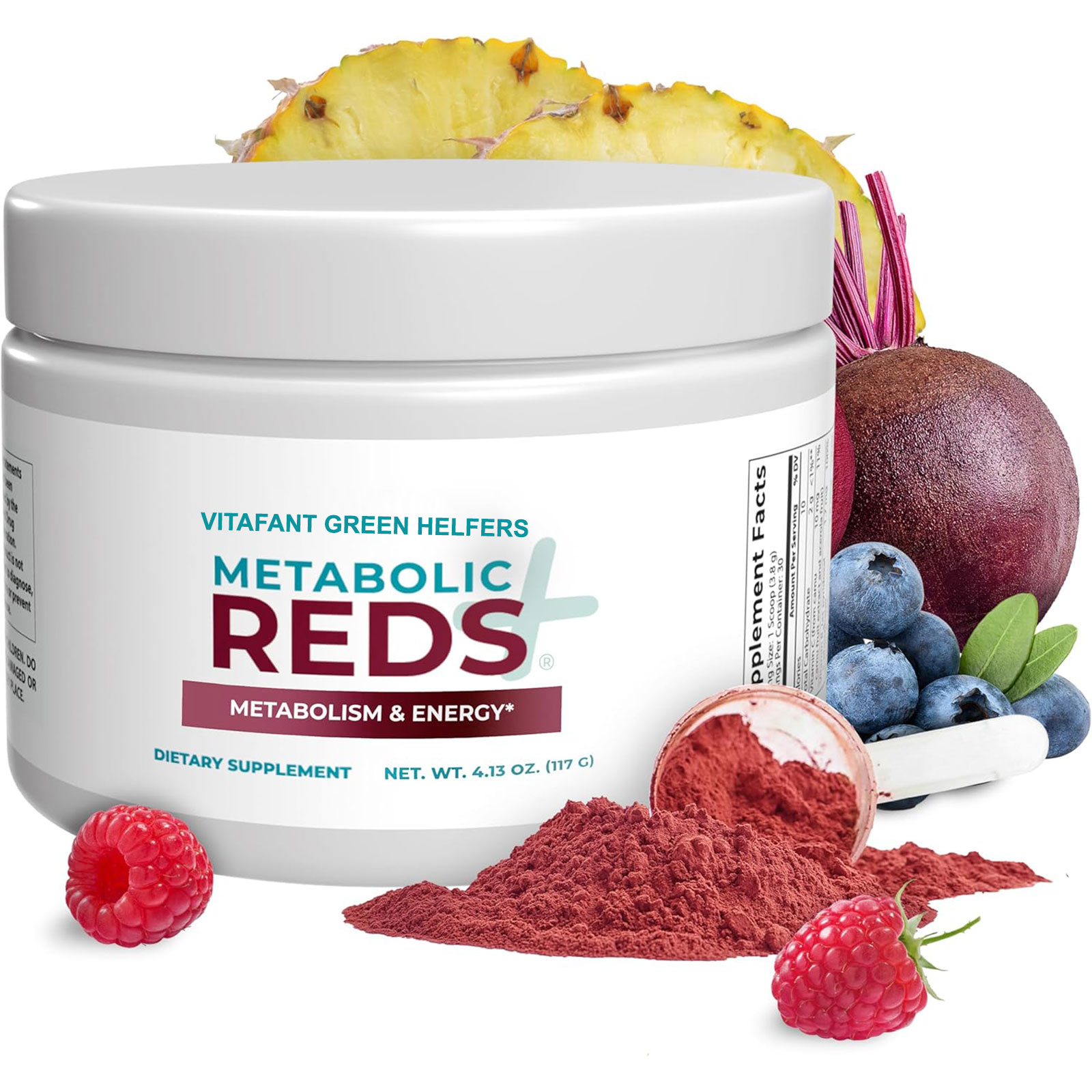 VITAFANT GREEN HELFERS Reds Superfoods Pulver - Nur 10 Kalorien Obst- und Gemüse-Adaptogen-Getränk mit Rote Beete, Polyphenolen, probiotischem Pulver - Antioxidantien-Ergänzung für Energie, 30 Portionen