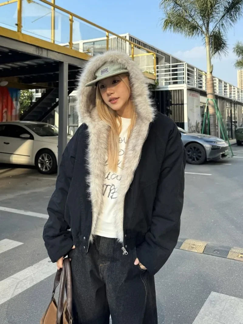 Retro American Classic Plaid Fur Collar Zip Up Hoodies Sweatshirt Women Winter New Lamb Wool Jacket Street GothTrend Y2K Coat