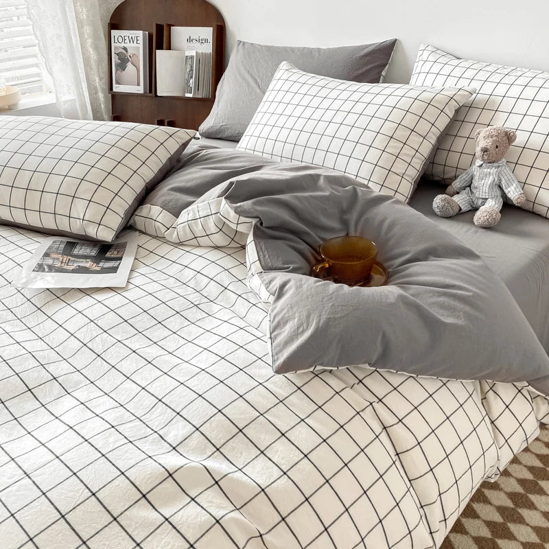 Ins Green Grid Bedding Set Bed Linen Nordic Lattice Duvet Cover For Adults Boys Bedspread Flat Sheet Simple Single Quilt Cover