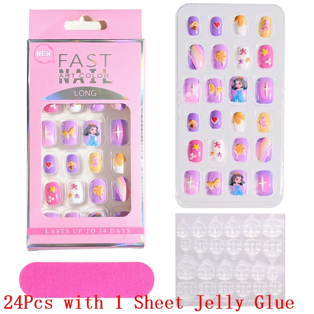 12pcs/Box Children Acrylic Fake Nails Safe Non-Toxic Adhesive Fake Nail DIY Artificial Fingernails for Girls Children's Day Gift