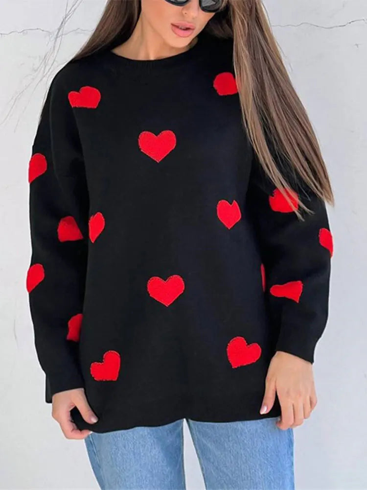 Chic Love Heart Printed O-neck Knitted Sweaters Casual Long Sleeves Warm Women's Pullover Autumn Ladies Street Commute Knitwears