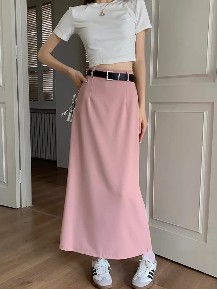 4Colors S-XL Spring Summer Female Skirts 2023 Women High Waist Suit Split long A line Maxi Skirt Female+belt (L5113)