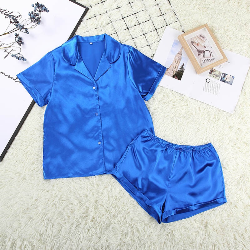 Solid Satin Sleepwear Silk Pajamas Set Top And Shorts Two Piece Set Pyjamas Women Pajama Short Sleeve Home Suit Casual