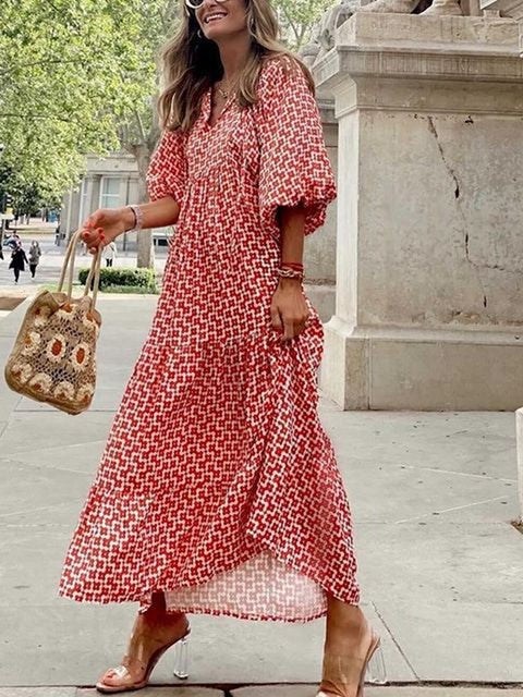 Half Sleeve Women Loose Dress Casual  Floral Printed Vintage Long Dresses Elegant V Neck Drawstring Party Dress Vestidos Mujer