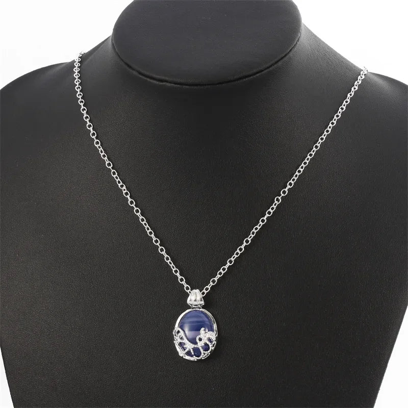 The Vampire Diaries Katherine Pierce Natural Blue Opal Pendant Necklace Top Grade Hollow Silver Plated Women Statement Necklace