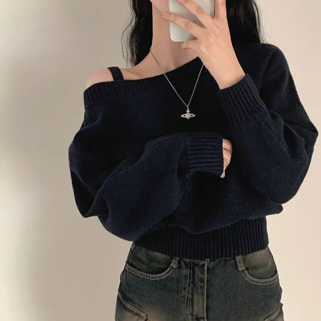 Korean Women's Off Shoulder Strap Knitwear Sweater New Design Diagonal Shoulder Short Top Elegant Sexy Bat Sleeve Sweater свитер