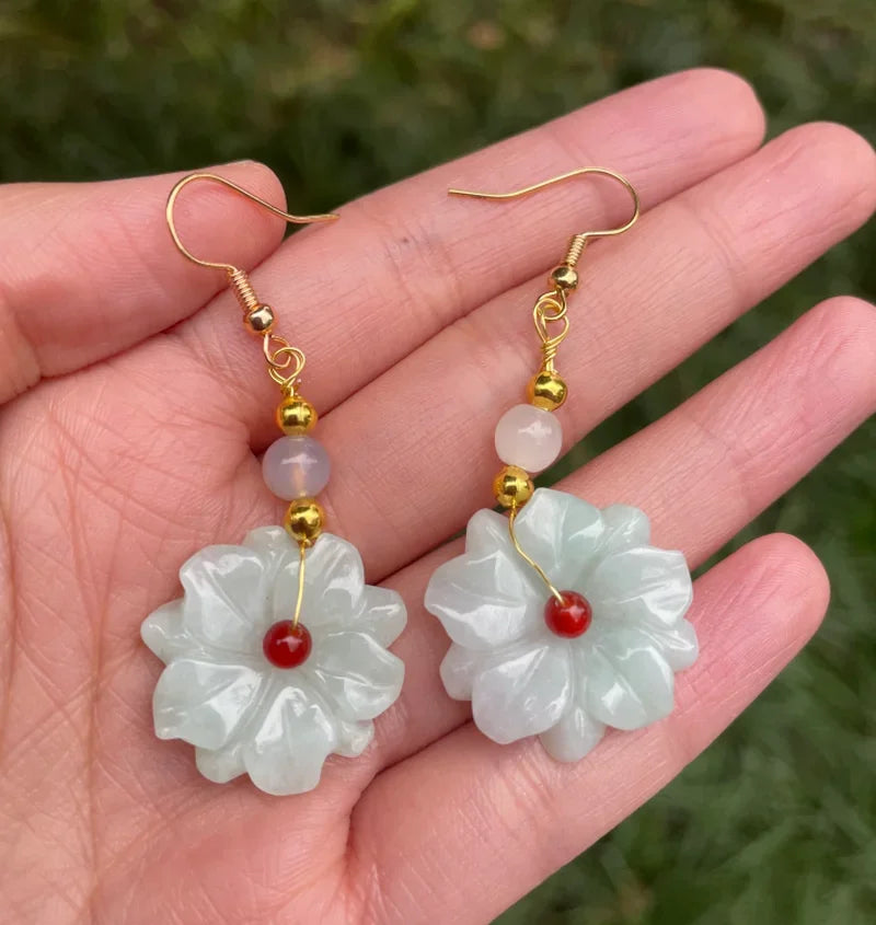 Natural Jade Emerald Luck Flower Earrings Bead Charm Jewellery Fashion Accessories Hand-Carved Man Woman Amulet Gifts