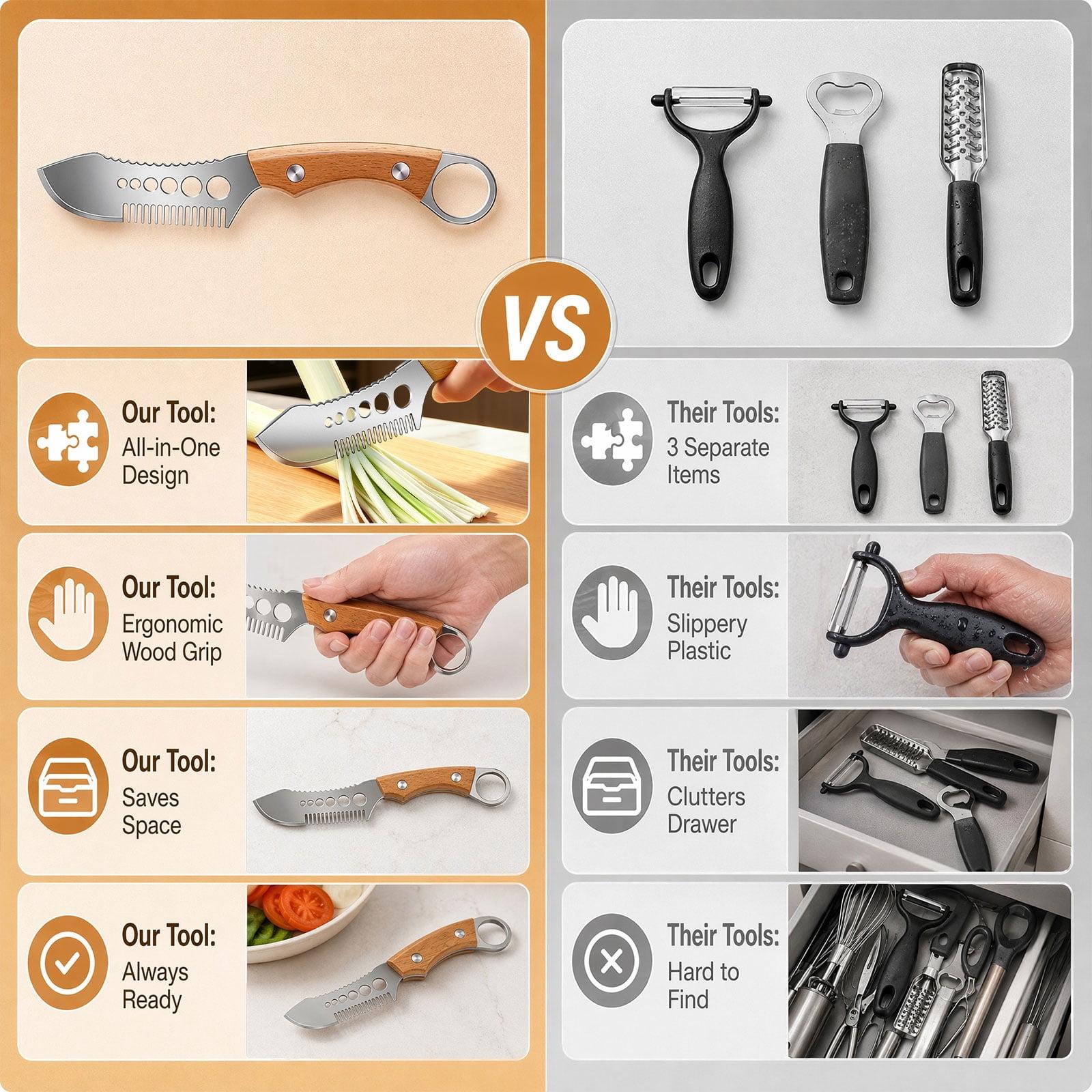 Multi-Functional Vegetable Peeler, Stainless Steel Blade with Wooden Handle, Fish Scaler, 3-in-1 Fruit Peeler with Bottle Opener & Grater