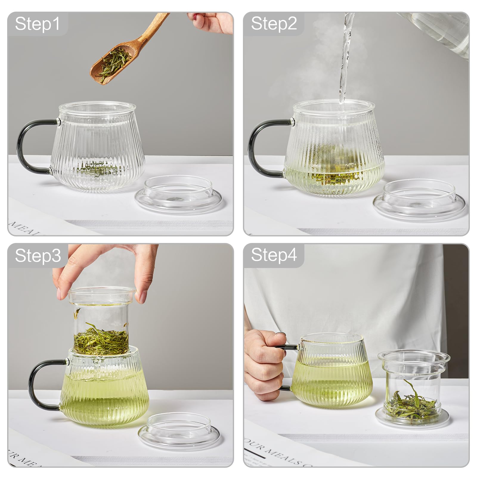 Glass Tea Infuser Cup with Lids and Handle for Blooming & Loose Leaf, 14oz | Borosilicate, Heat Resistance, Lead-free, Microwave & Dishwasher Safe